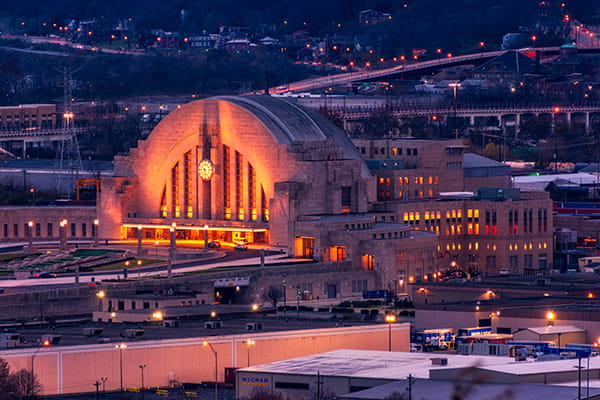 Cincinnati Union Terminal at sunset.