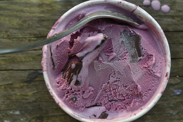 Black raspberry ice cream with chocolate chunks.