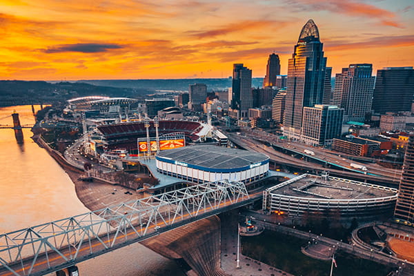 Cincinnati waterfront sunset.