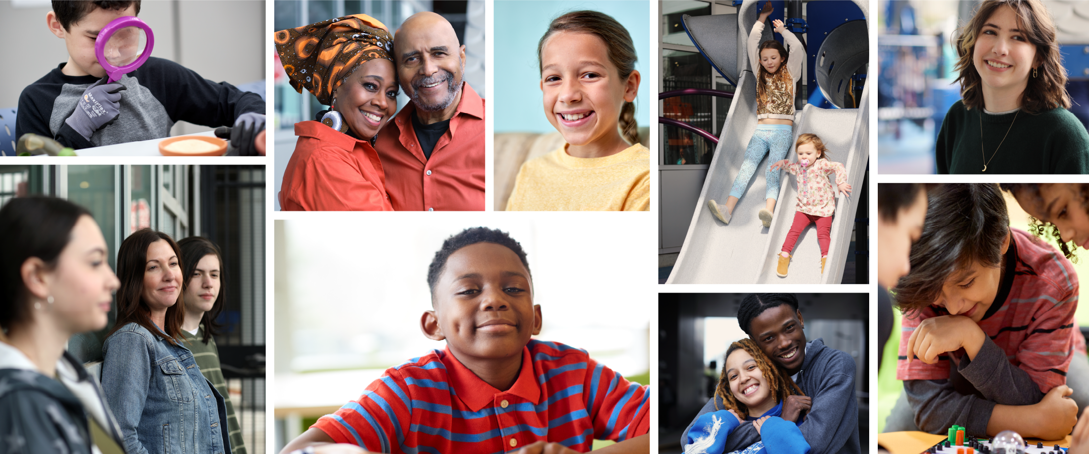 A collage of smiling children and adults.