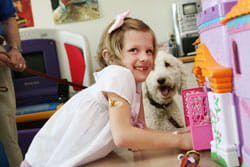 A photo of volunteer dog named Abby with patient at Cincinnati Children's.