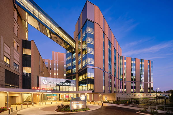 An exterior image of the Critical Care Building at Cincinnati Children's.