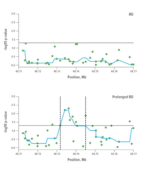 Fig A: Researchers plotted the −log10 (p-values) of the single SNP association tested in additive models. The dotted refer-ence lines show the −log10 (p-value of 0.05) level. Several ABCC3 SNPs between the vertical lines show significant associa-tion between prolonged post-operative stay and respiratory depression (RD). The p-values were smoothed using a running median represented by the blue line in both plots. The Y axis shows the −log10 p-values and the X axis shows the chromo-somal positions of the ABCC3 polymorphisms (SNPs) on Chromosome 17.
