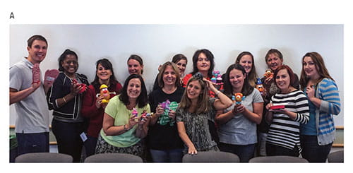 Fig A:  A: Psychologists Robin Gurwitch, in front in light green shirt, and Erica Messer, in front row (center), are joined by a group of CARE trainees in 2015.
