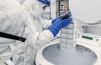 A photo of staff members working in the Vector Production Facility.