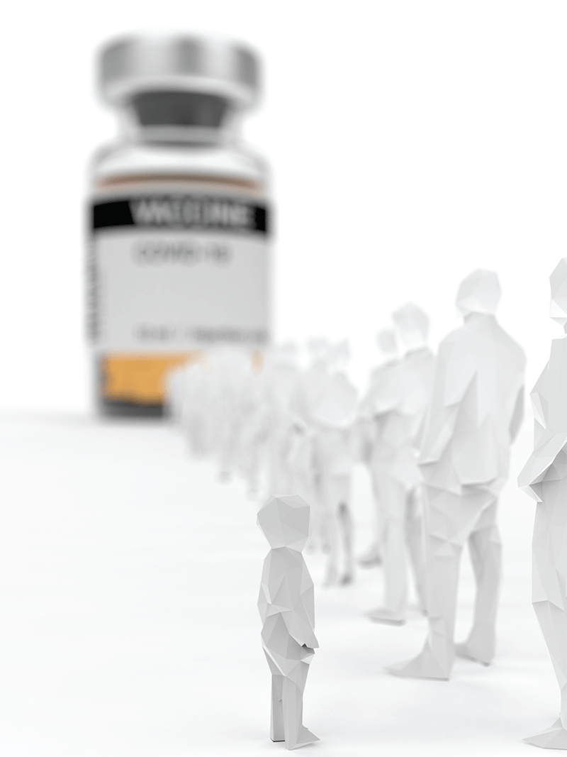 An illustration of children and adults lining up for the COVID vaccine.