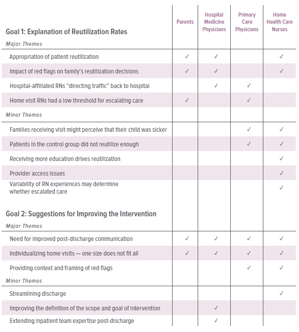 A table showing the summary of major and minor themes by stakeholder type.