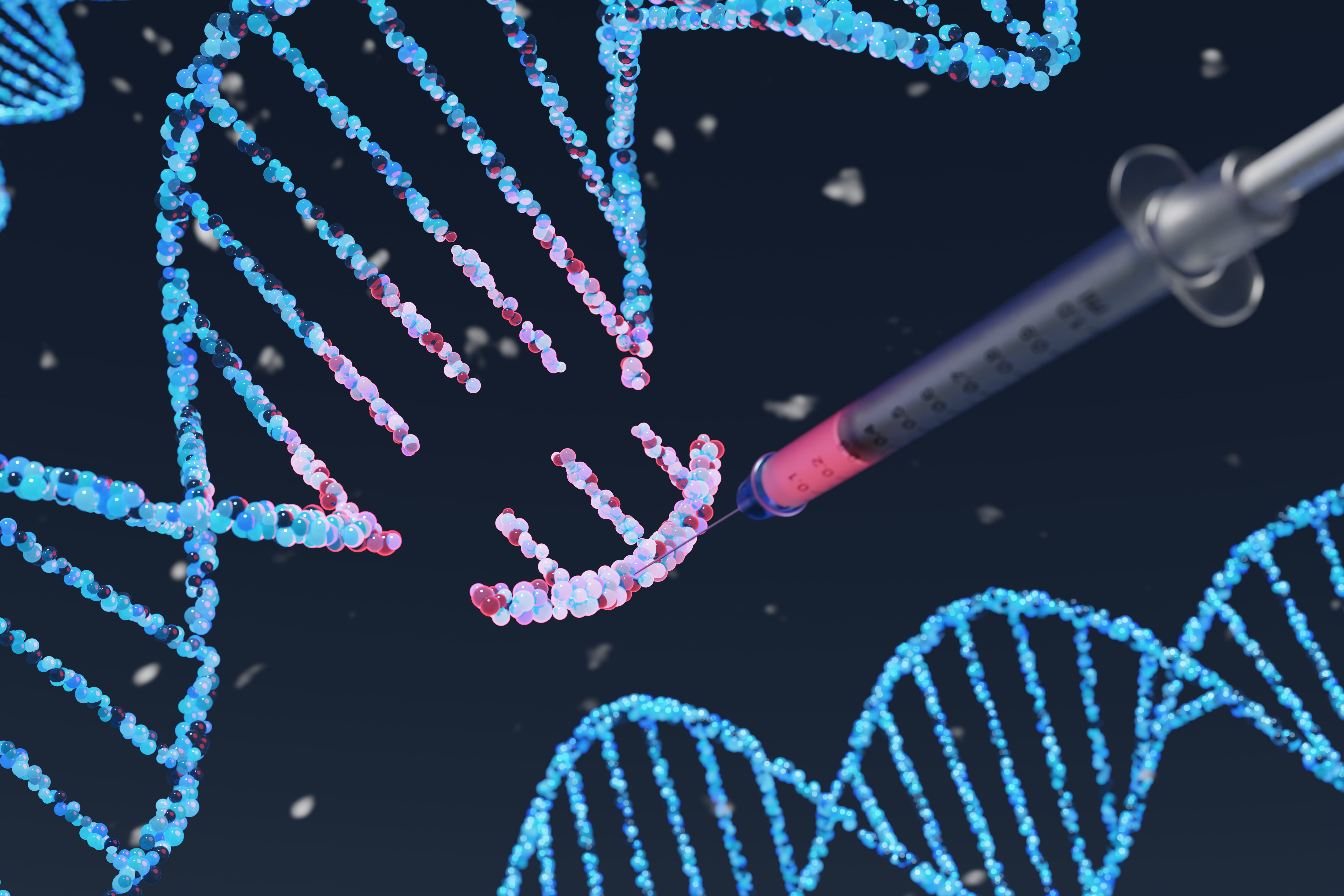 Conceptual image of DNA being injected with a syringe.