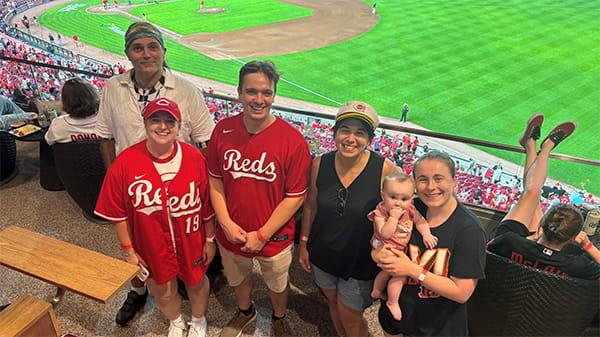 VanDussen lab members enjoying a Reds baseball game.