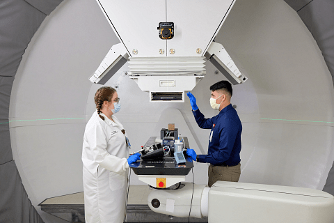 Researchers using the proton therapy gantry at Cincinnati Children's.