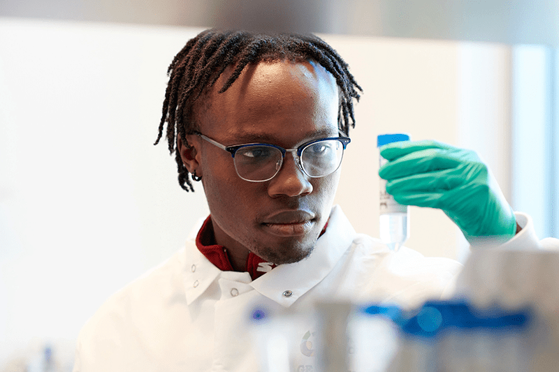 A researcher examines the contents of a test tube.