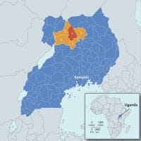 A map displaying the GOAL trial region in Northern Uganda, which involved children with latent rheumatic heart disease.  
