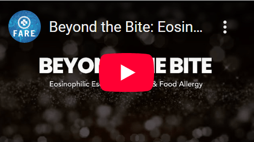 A screen capture from a video describing eosinophilic esophagitis (EoE), a non-IgE-mediated food allergy that happens when large numbers of eosinophils gather in the esophagus.