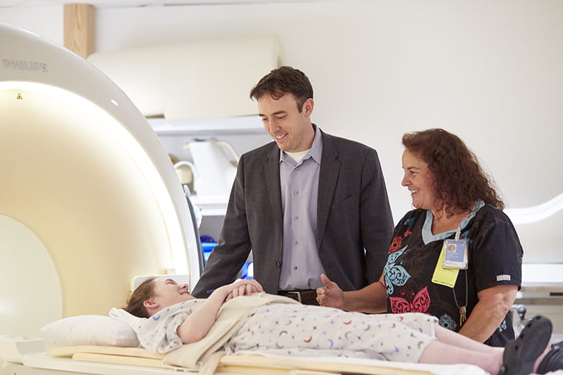 An image of a pediatric patient preparing to get a Cardiac MRI.