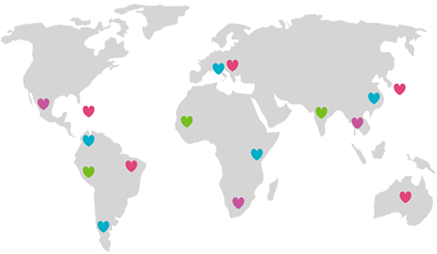 An International Travel Clinic map displays the destinations of its patients. Members of the community travel safely around the world with help from our team of experts.