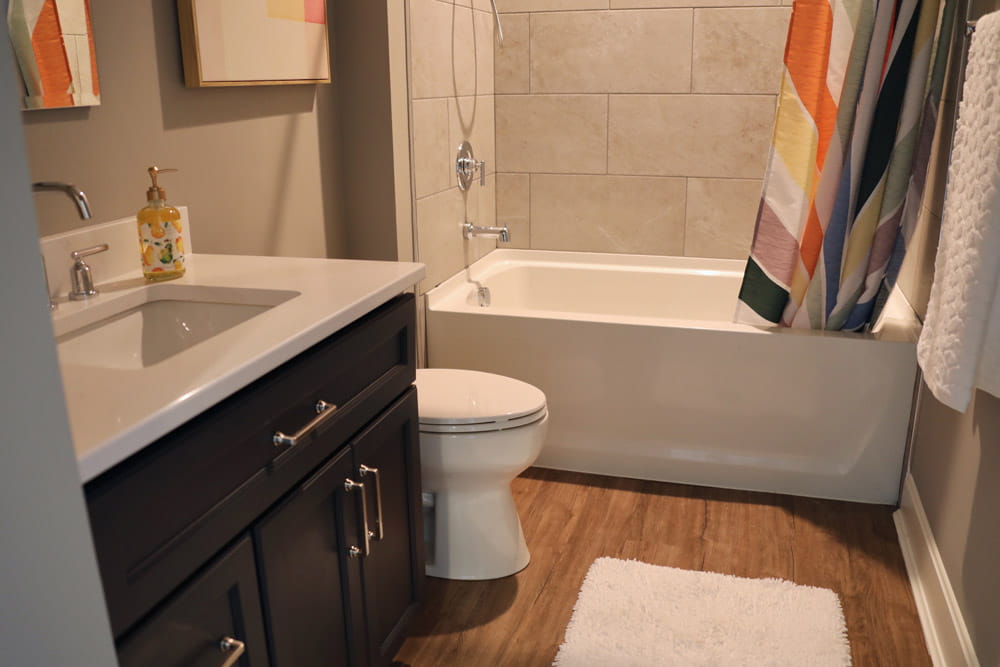 A bathroom in the Bold and Brave Kid’s Foundation's extended stay apartments.