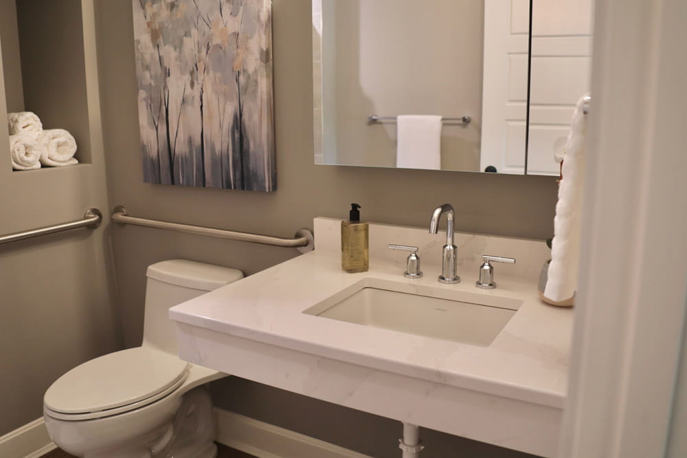 A bathroom in the Bold and Brave Kid’s Foundation's extended stay apartments.